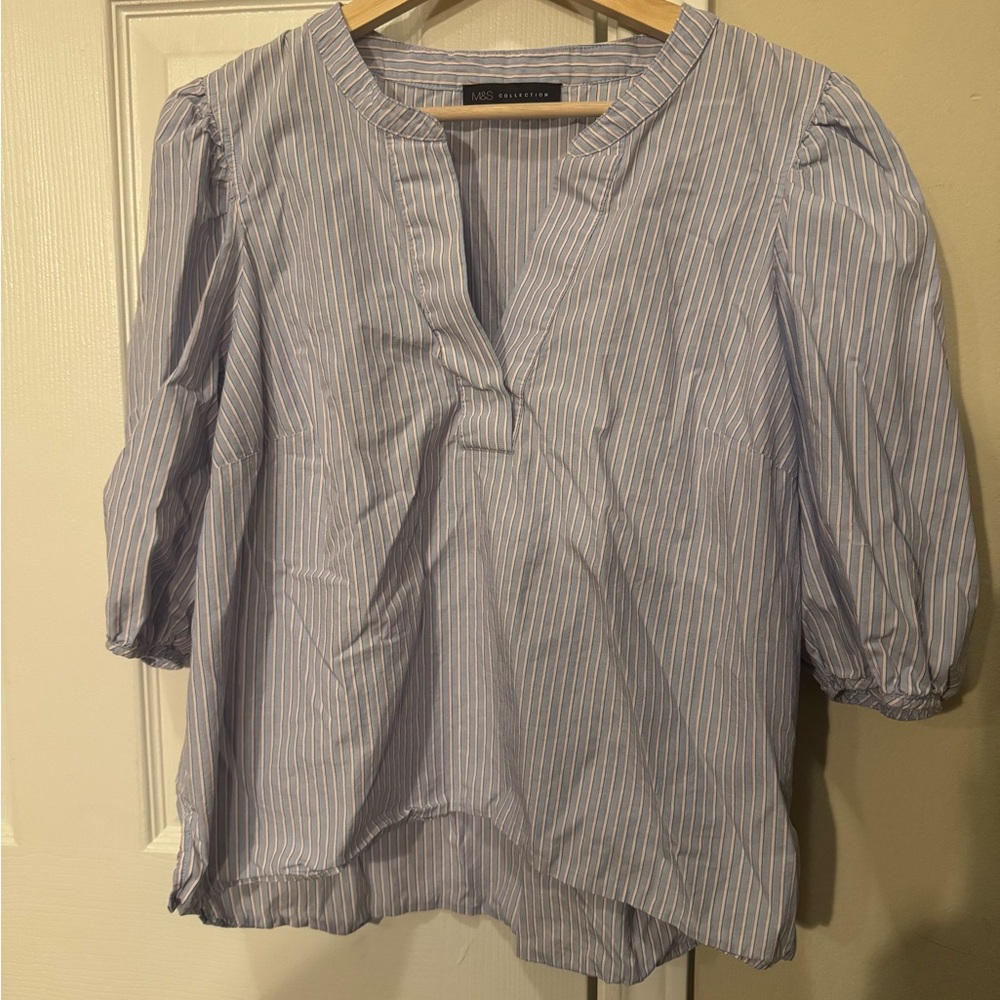 M & S Popover V neck Light Blue Striped Blouse